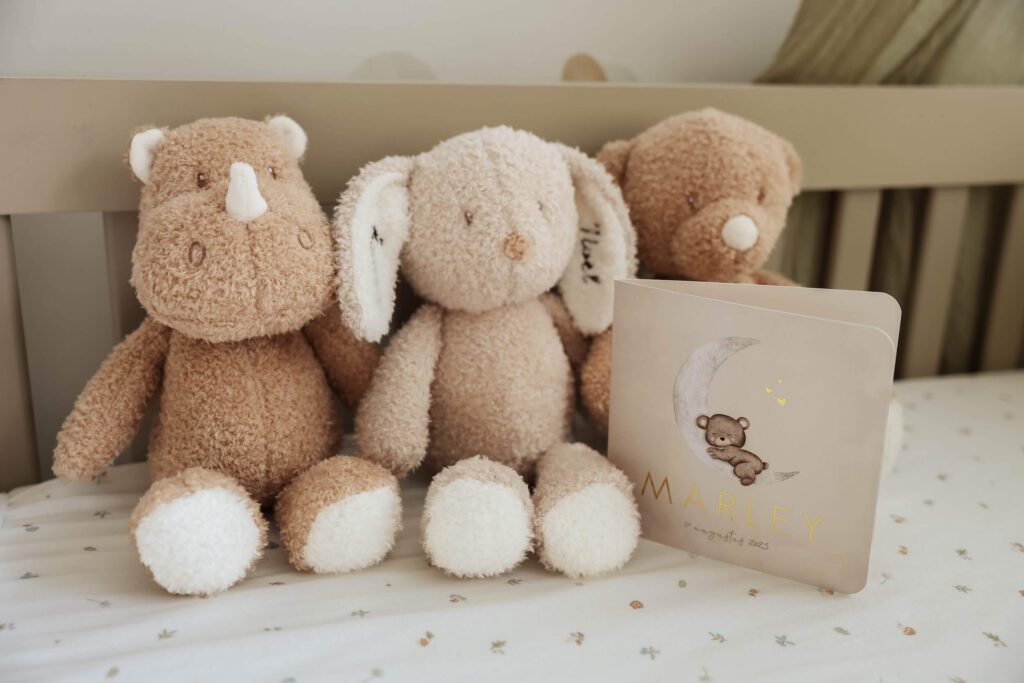 Knuffels en geboortekaartje in babybed tijdens newbornshoot thuis