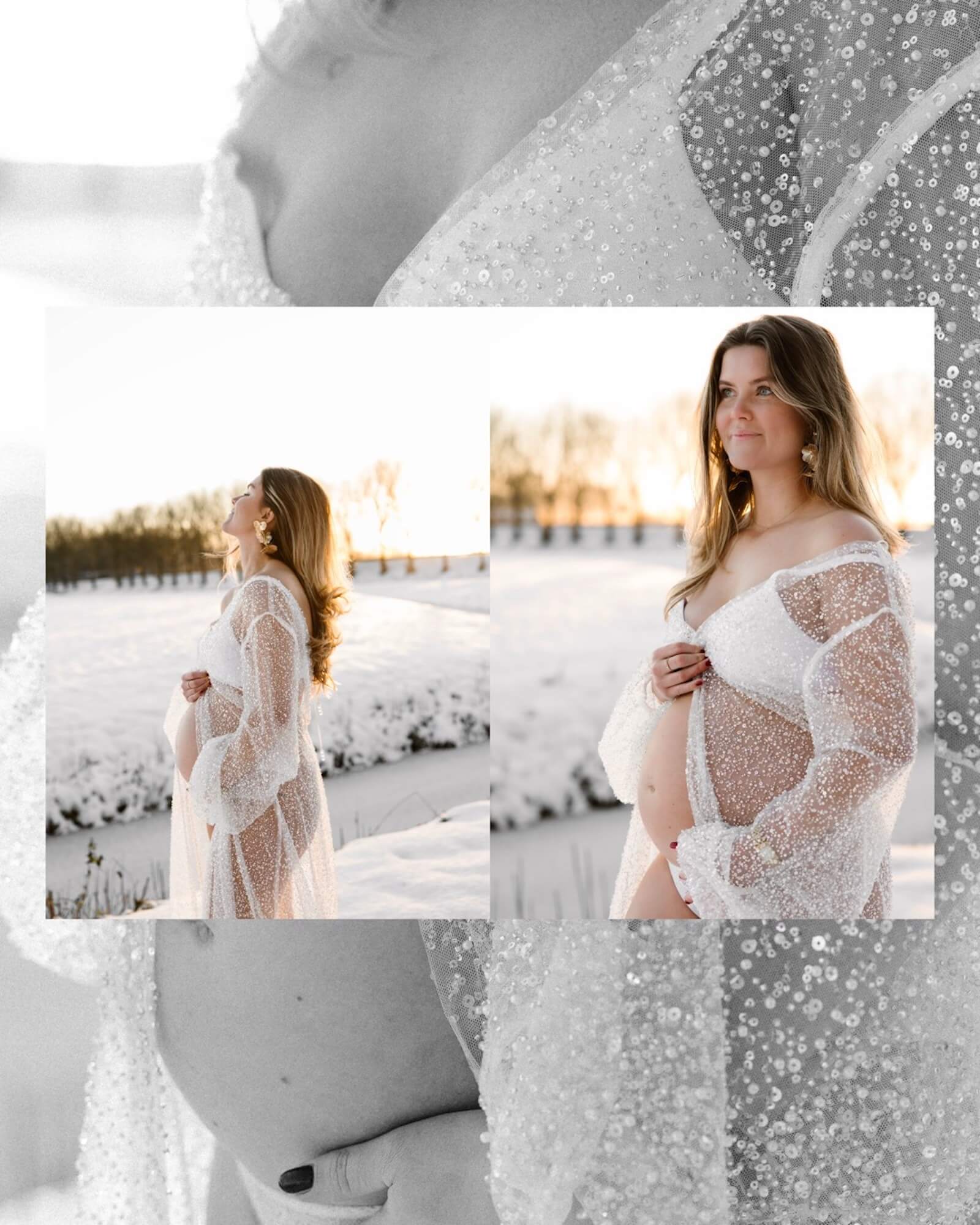 Collage van vrouw in witte BH en doorzichtige kimono met glitters tijdens een zwangerschapsshoot in de sneeuw met golden hour